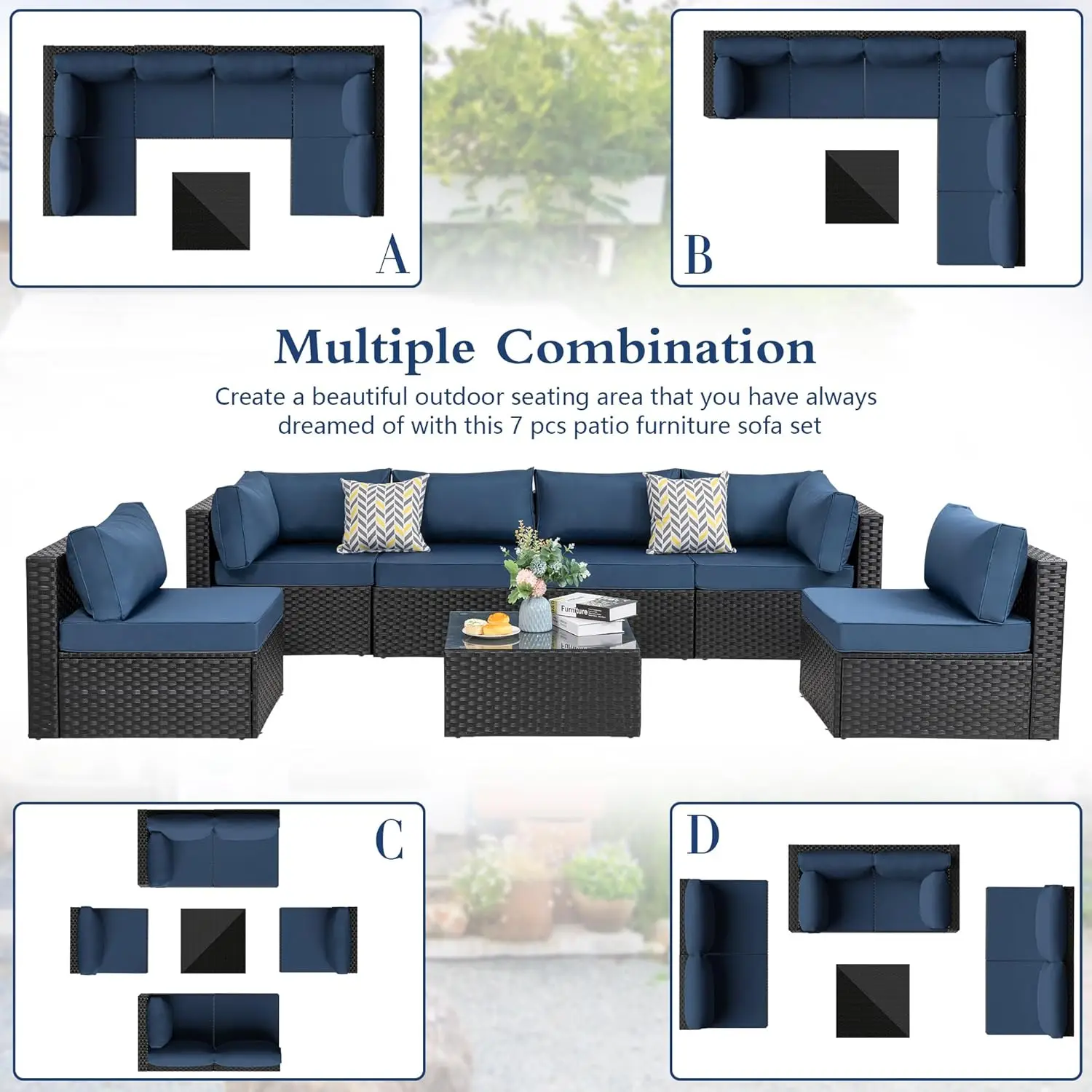 7-Piece Outdoor Patio Furniture Sectional Set, Black Wicker Rattan with Tea Table, Aegean Blue Conversation Set.