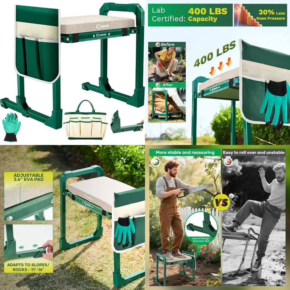 

Складной садовый табурет с регулируемыми ножками, мягким сиденьем и местом для хранения садоводства на открытом воздухе и поддержка пожилых людей