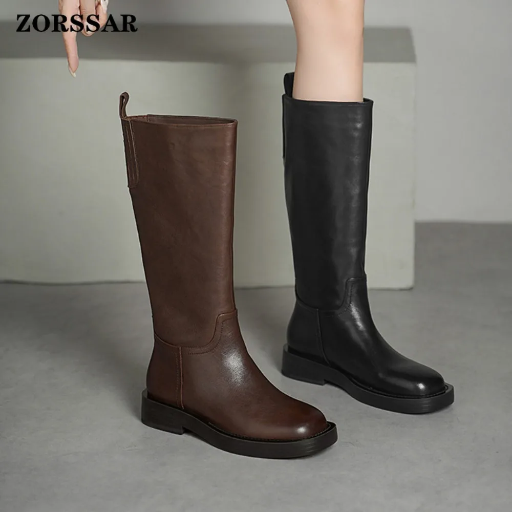 Plus Size 34-40 2026 New Fashion Full Genuine Leather Boots Women Slip on Knee High Boots Autumn Winter Straight Knight Botas