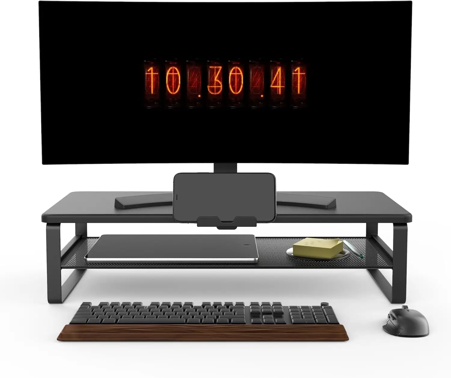 2-Tier Monitor Stand with Drawer, Phone Holder & Cable Management - Desk Organizer for Home Office
