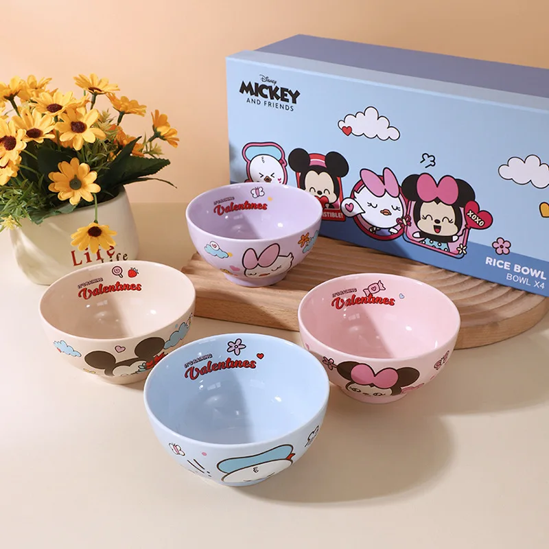 Disney Mickey, Minnie, Donald Duck, Daisy Leisure Series Four Bowl Ceramic Tableware Set Cartoon Cute Value Gift Box Souvenir