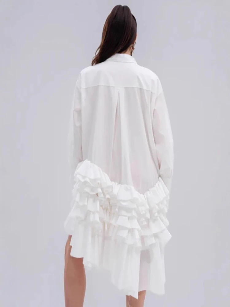 DEAT موضة الأبيض الجبهة قصيرة الظهر قميص طويل المرأة التلبيب غير المتماثلة تكدرت هيم بلوزة الخريف جديد 7A1516