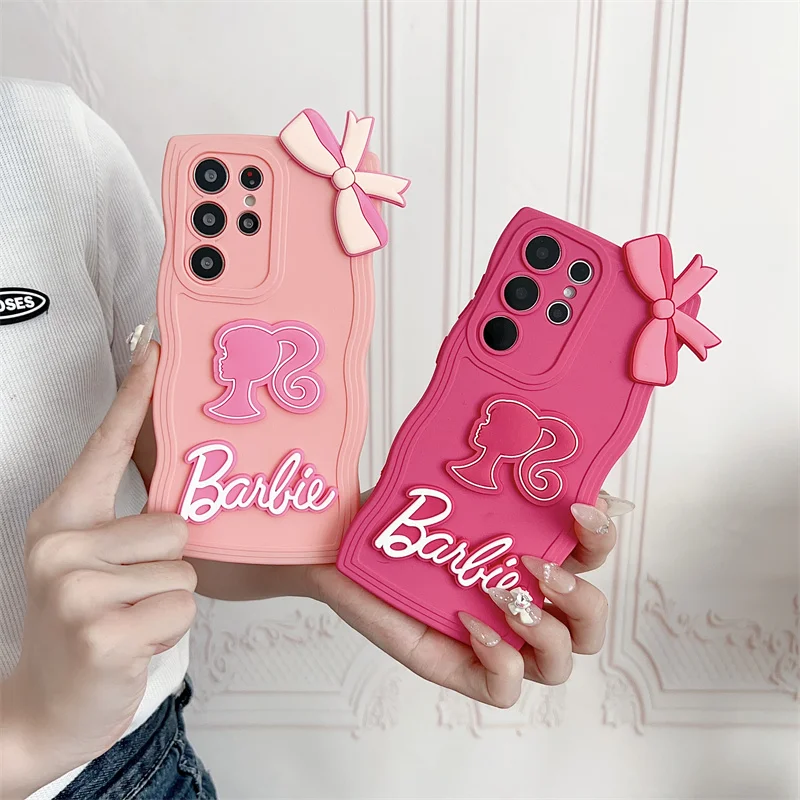 Fashion Cute Barbie Princess Pink Bow Wave soft Silicone Phone Case For Samsung S22 S23 S24 Ultra S21 FE Plus A54 A53 A33 Cover