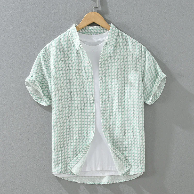 Summer Thin Breathable Cotton Linen Short Sleeve Shirt Men's Printed Diamond Grid Loose Fit Casual Shirt  And Versatile