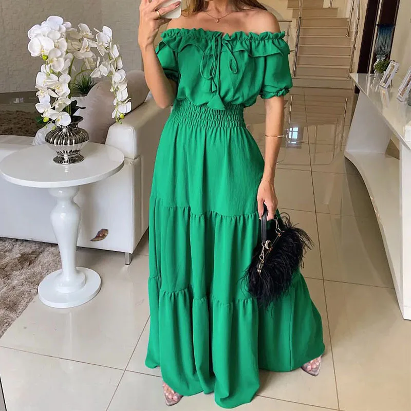 Sexy Off Shouler Ruffles Long Dress Women Spring Summer Fashion Short Sleeve Pure Color Maxi Dresses Women's Elegant Party Dress