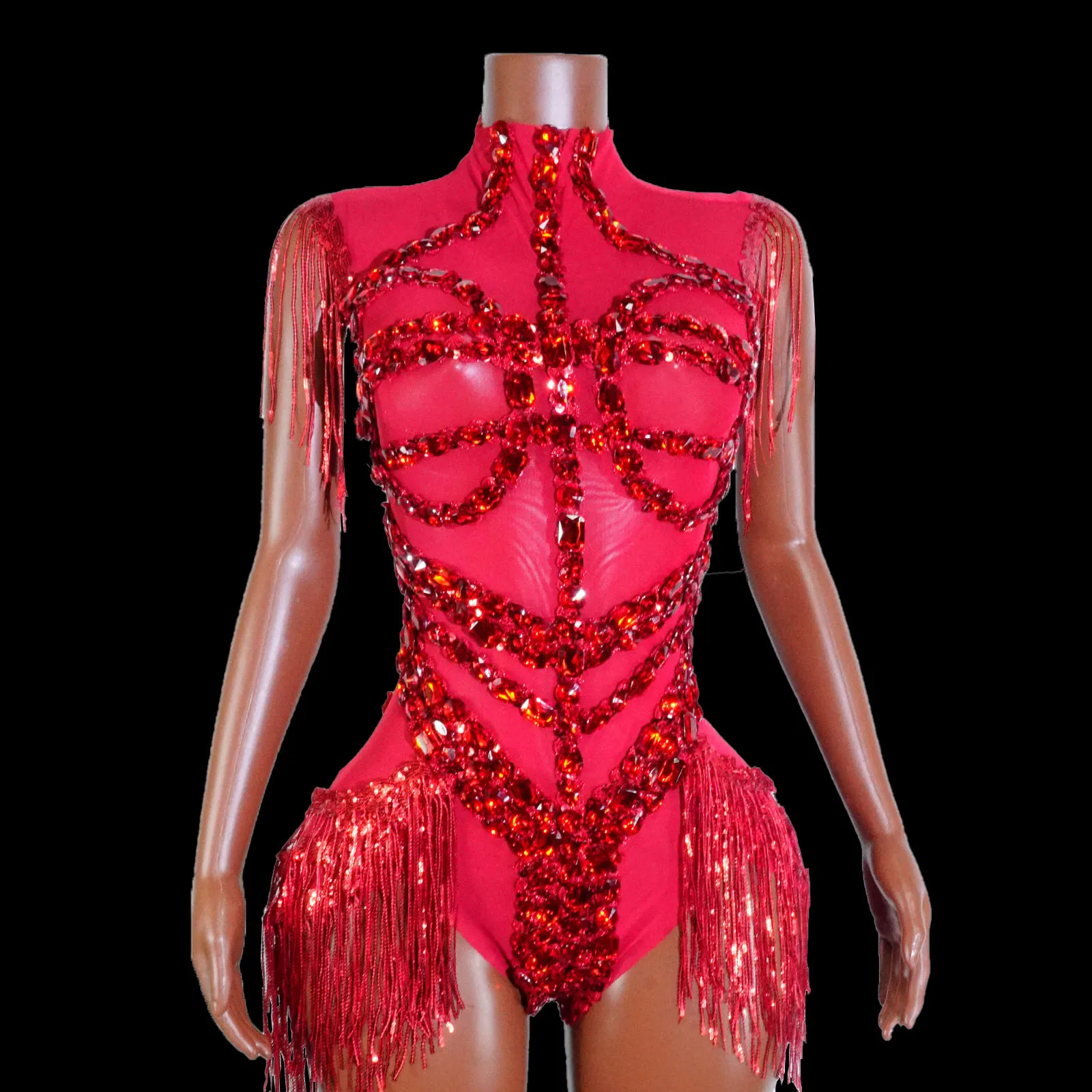 

New Black Crystal Mesh See Through Bodysuit Women Sexy Fringe Leotard Nightclub Party Celebrate Pole Dj Dance Clothing Stage