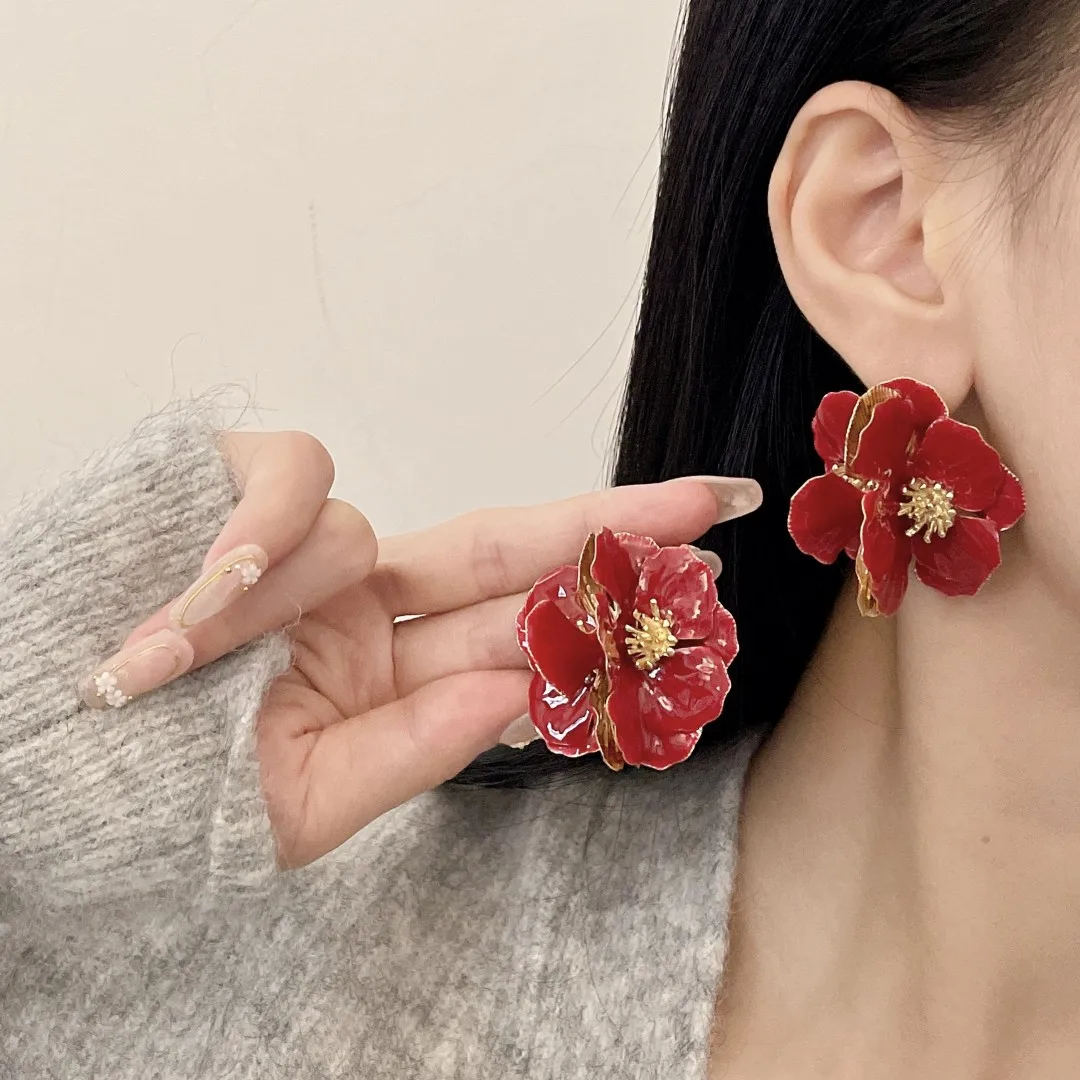 New French Retro Red Petal Earrings, Mori Design Sense Three-dimensional Flower Exaggerated Earrings 925 Silver Needles