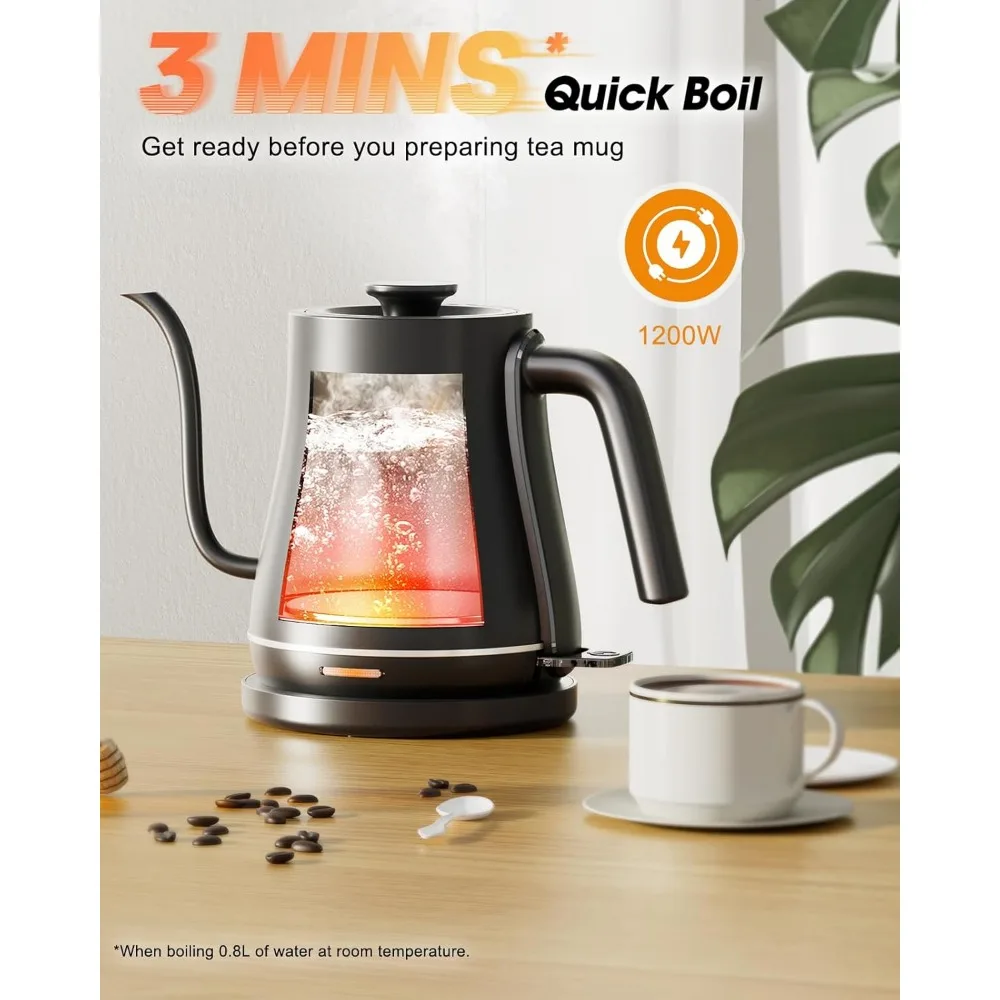 Electric Kettle 1L Gooseneck Water Kettle Quick Heating for Pour Over Coffee & Tea, Stainless Steel Hot Water Boiler with Auto