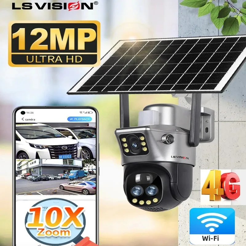 LS VISION 4K 8MP caméra solaire sans fil 10X Zoom 4G Sim double objectif Wifi IP PIR HD caméra de Vision nocturne V380Pro PTZ sécurité CCTV