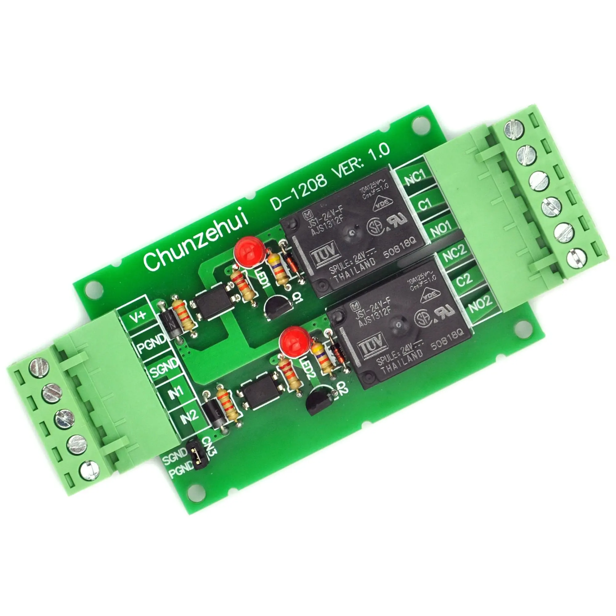 

Chunzehui DC 24V Two Channel 10Amp Opto-Isolated Power Relay Module Board, Pluggable Terminal Block.