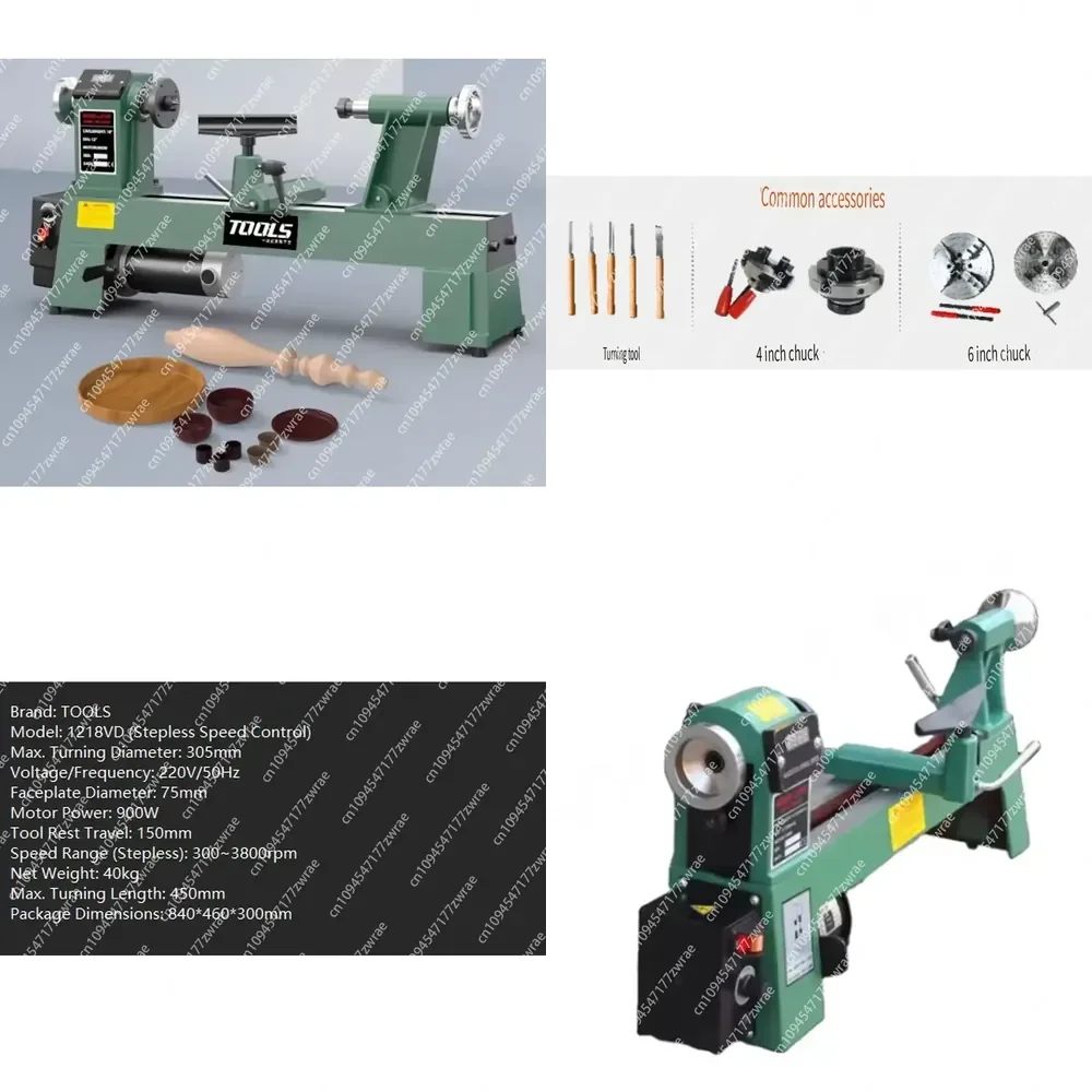 Variable Speed Wood Lathe Machine Belt Drive Manual Tool Post Woodworking Turning Equipment with Tailstock Chuck