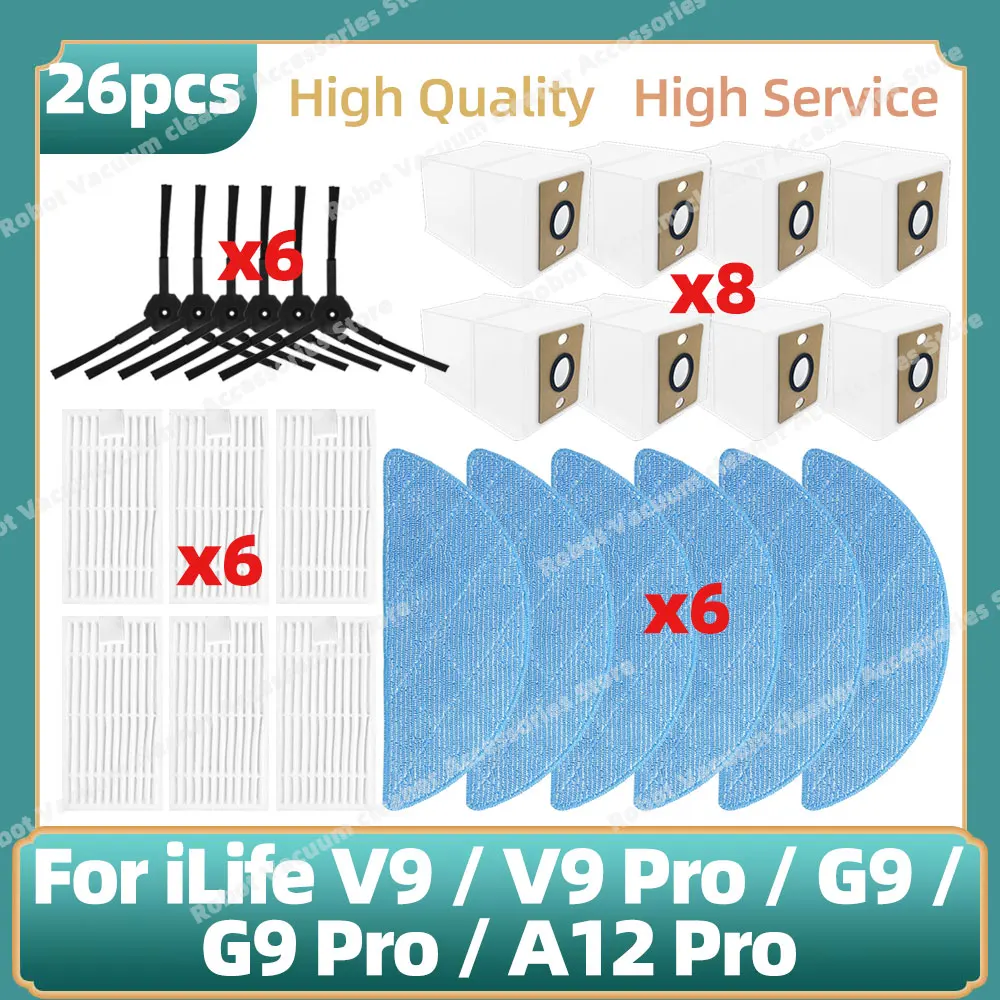 Compatible For ( ILife V9 / V9 Pro / G9 / G9 Pro / A12 Pro ) Parts Side Brush HEPA Filter Mop Cloth Dust Bag Accessories