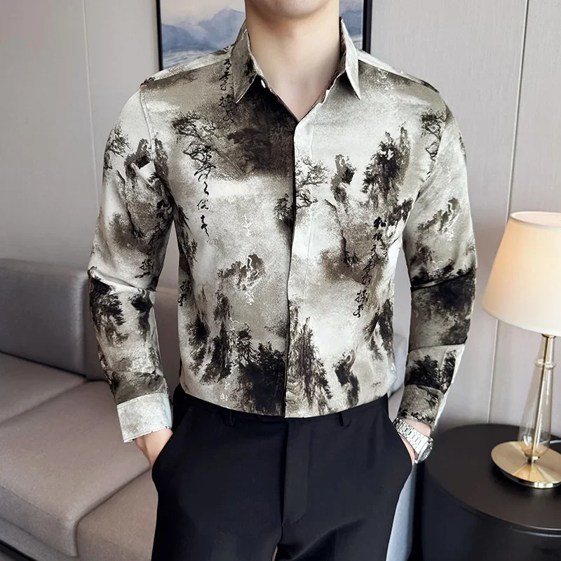 Chemise à manches longues imprimée de peinture à l'encre de style chinois rétro pour hommes, chemise élégante à boutonnage simple, streetwear d'automne, grande taille