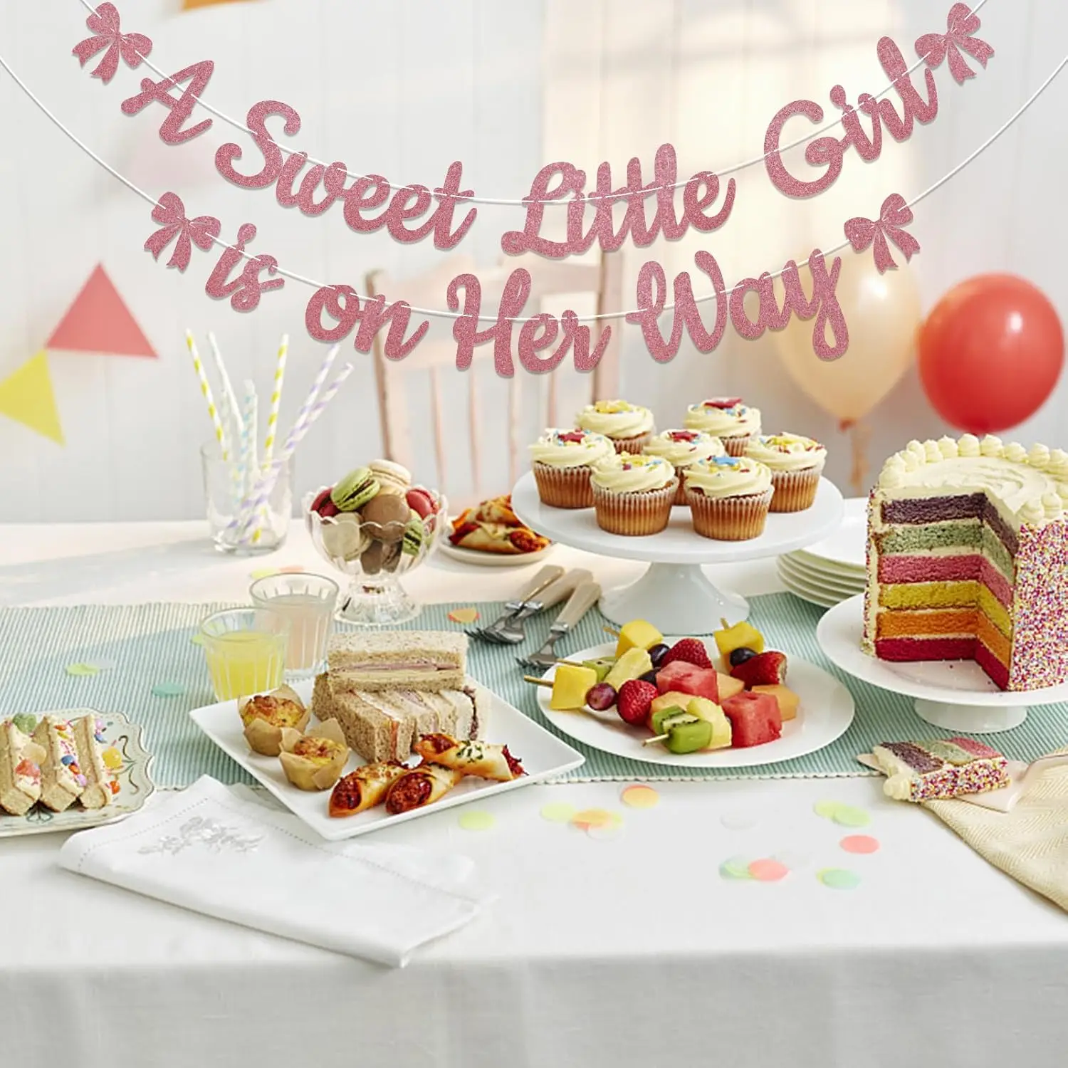 A Sweet Little Girl is on Her Way Banner - Pink Bow Baby Shower Decorations, Sweet Baby Girl Gender Reveal Party Decorations
