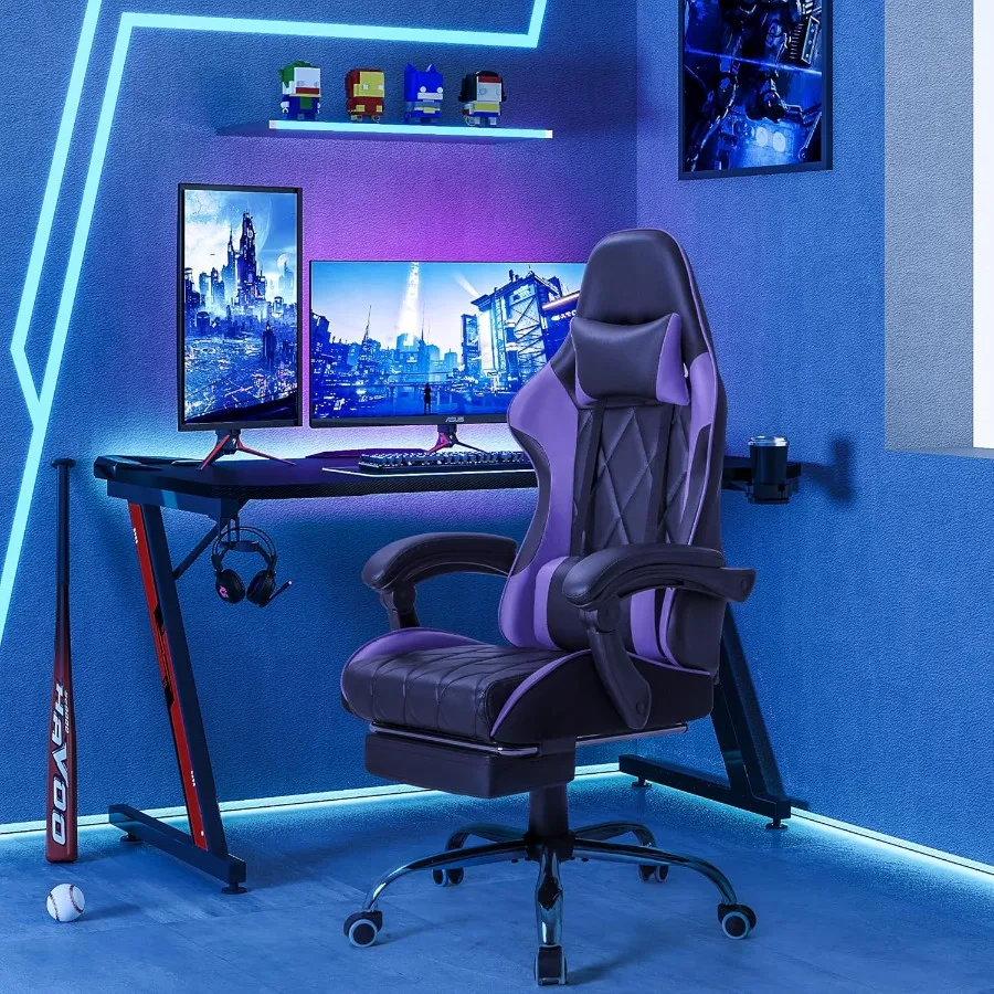 Ergonomic Gaming Chair with Built-in Footrest and Massage Lumbar Support for Extended Computer Use High Back Swivel Chair with