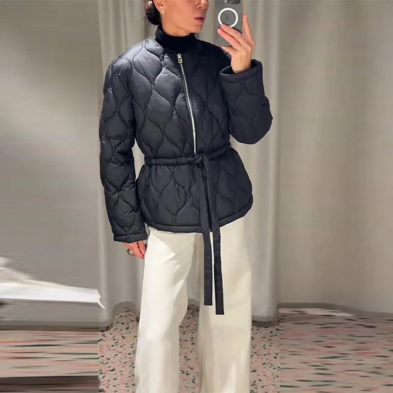 Vestes en coton pour femmes, manteau grille de diamant, col rond, cordon de serrage à la taille, manches longues, vêtements d'extérieur amples pour dames, hiver