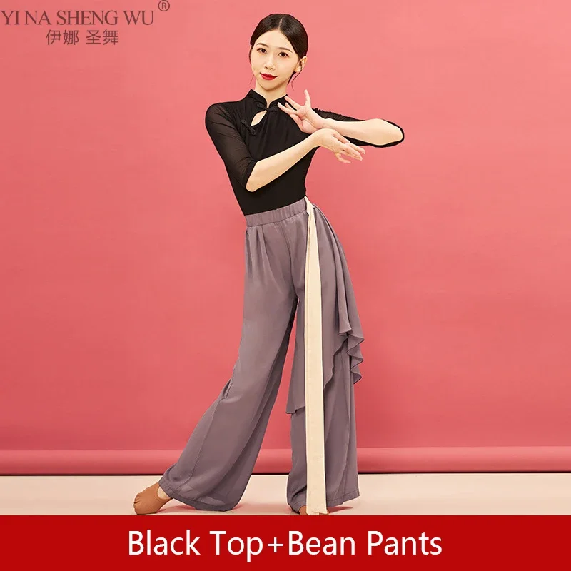 Chinese Folk Dance Costumes Women Classical Dance Pants Top Loose Wide Leg Trousers Dancewear Black Elegant Performance Outfit