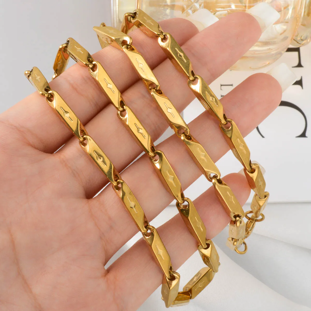 Byzantine Irregular Rectangular Stainless Steel Necklace Bamboo Stems Chain 18K Gold-plated Choker Necklace Jewelry Gifts 60CM