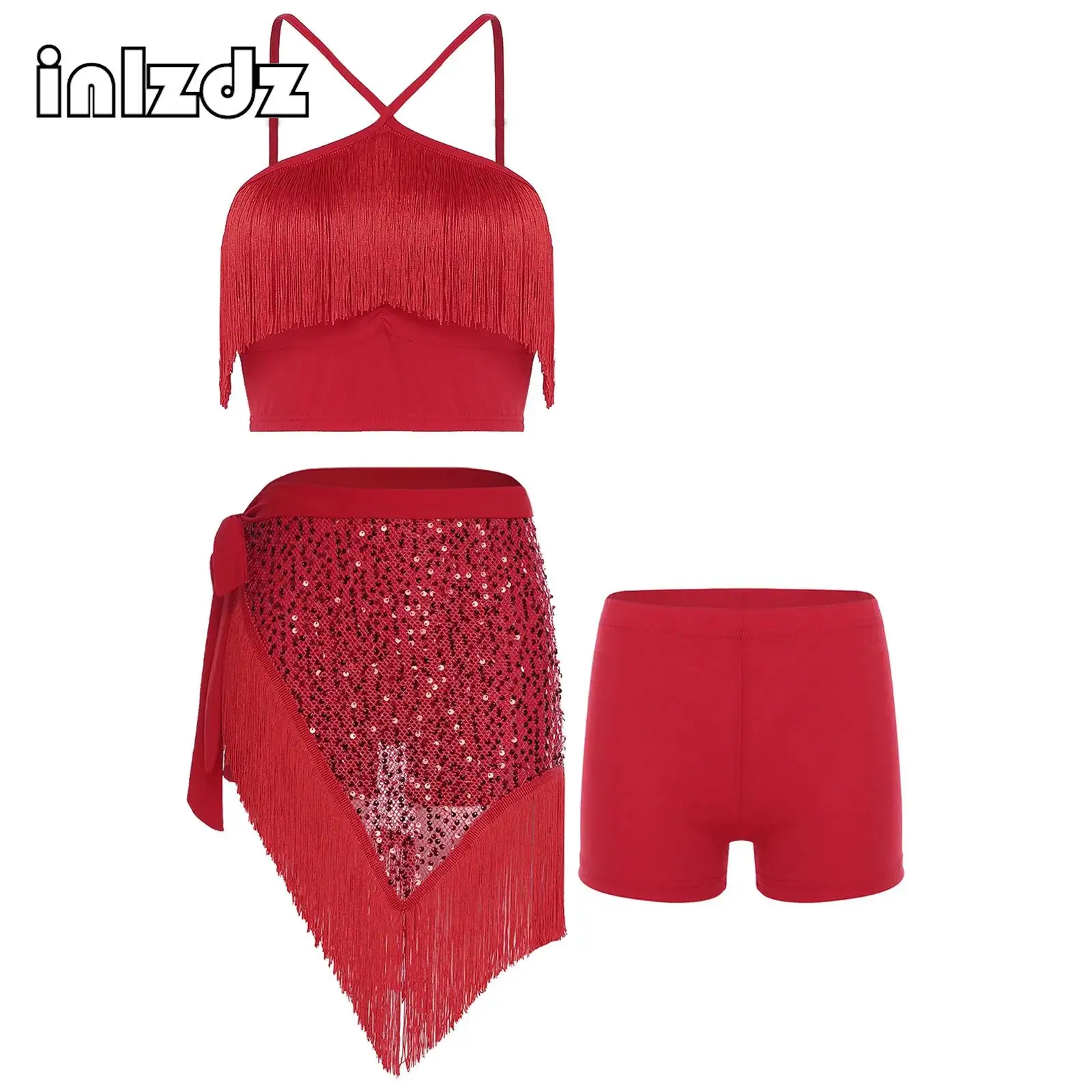 

Womens Belly Dance Costume Set Tassel Crop Top Safety Shorts and Shiny Sequin Lace-up Hip Scarf 3-piece Outfits for Dance Class