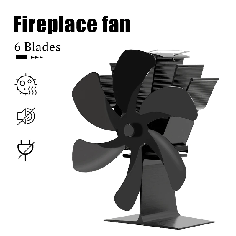 6 Blade Heat Powered Stove Fan Black Fireplace Fan Wood Burner Eco Friendly Quiet Home Fireplace Fan Efficient Heat Distribution