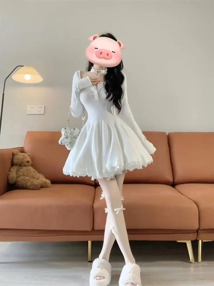 Sexy Korea Sweet Dress Women Lust Fluffy Lace Spring Autumn New Temperament Slim Waist Pleated A-Line Short