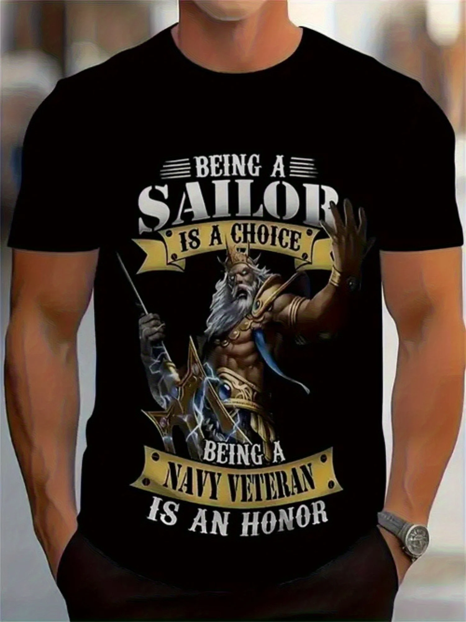 Men's Large Size Cotton T-Shirt, Proud Sailor Veteran Pattern T-Shirt - Breathable Cotton, Black Short Sleeve Printed with 