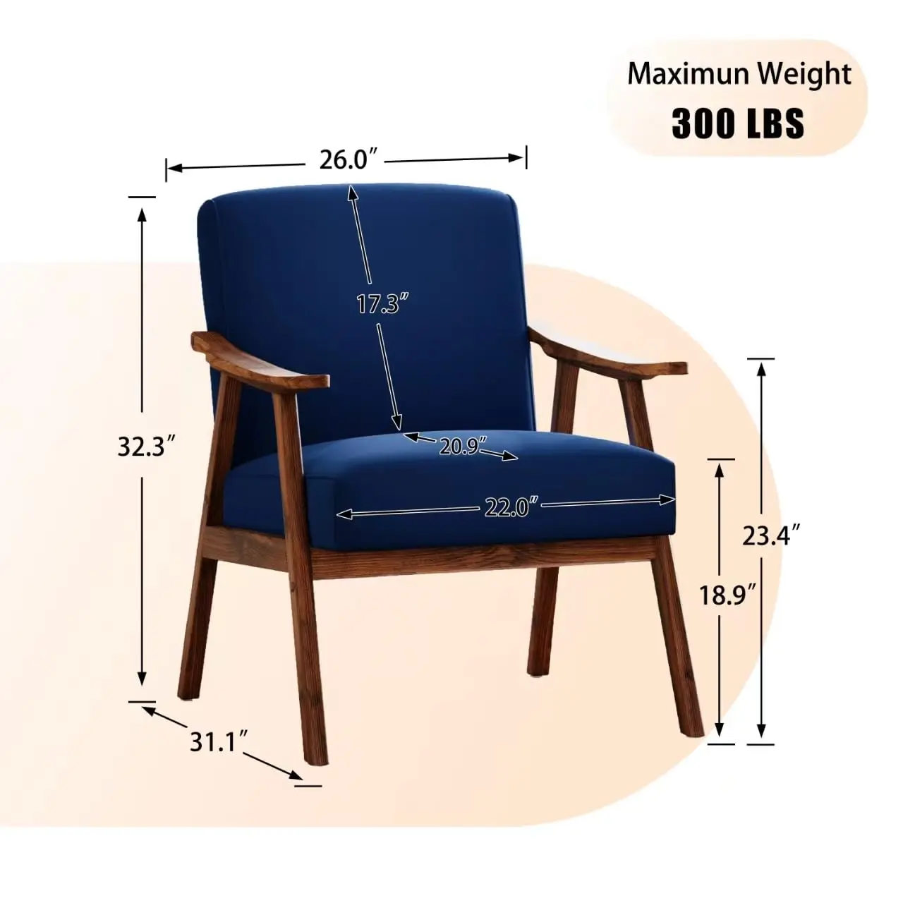 Mid Century Accent Chair for Living Room Reading Lounge with Solid Wood Frame & Velvet Fabric in Dark Blue, Customized