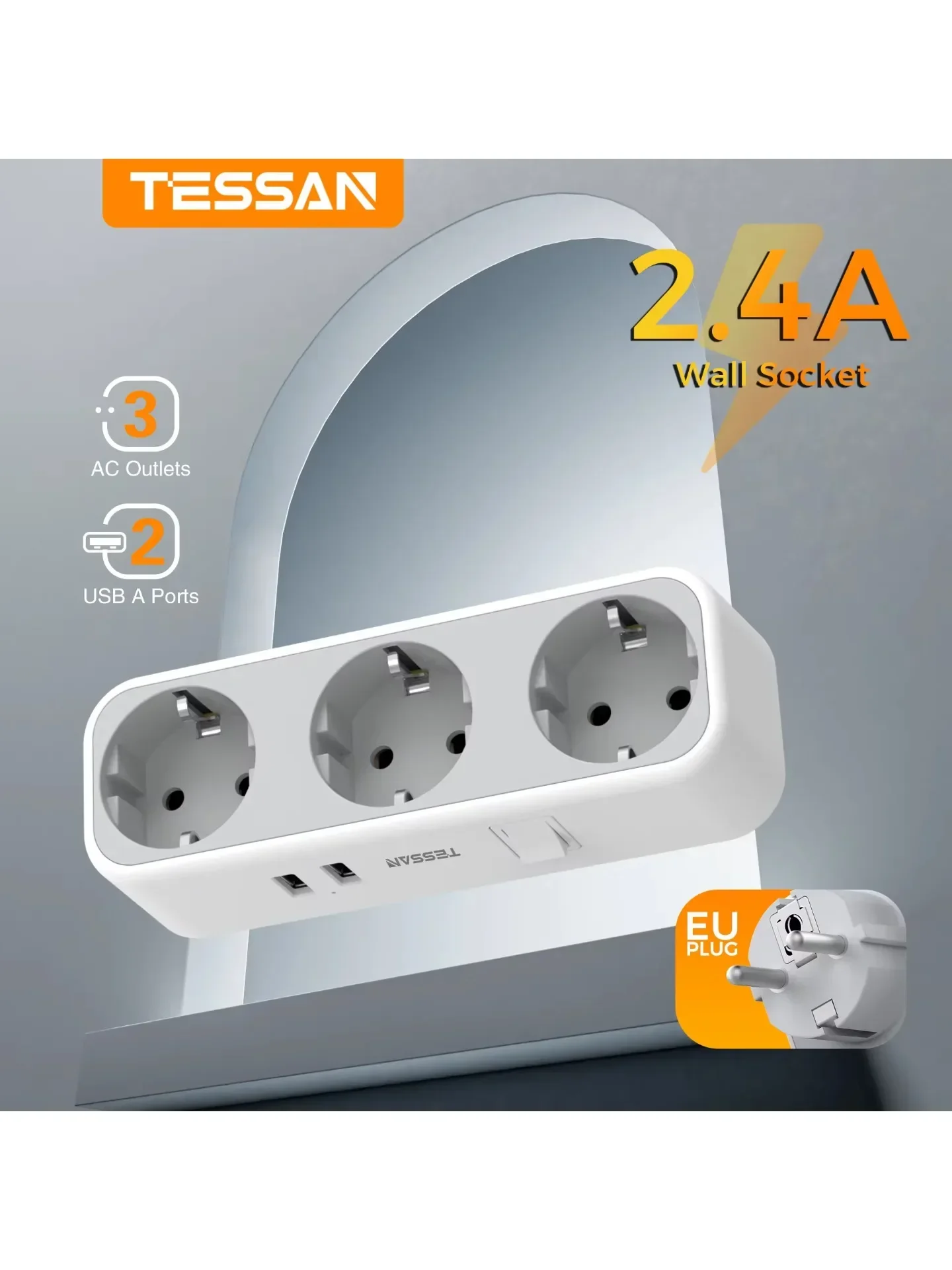 TESSAN Ladron 5-in-1-Steckdose mit Schalter, mehrere Steckdosen mit 3 Steckdosen und 2 USB-Anschlüssen, moderne Steckdosen, kompatibel mit Telefon