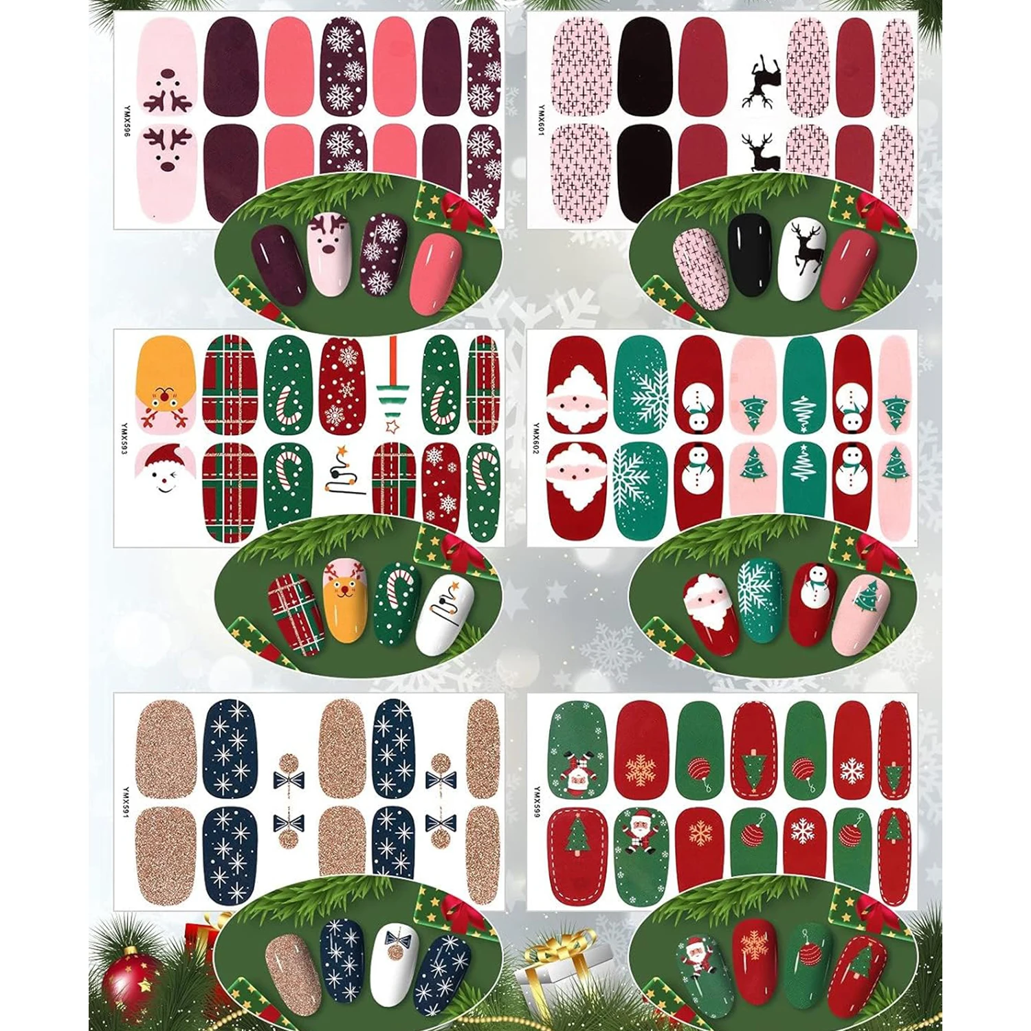 12피스 크리스마스 풀 세트 네일 랩, 산타클로스, 펭귄, 눈사람 디자인의 에반쿠 접착 네일 아트 폴리쉬 스티커, 네일 파일 1개 포함, 여성용 크리스마스 네일 장식에 적합