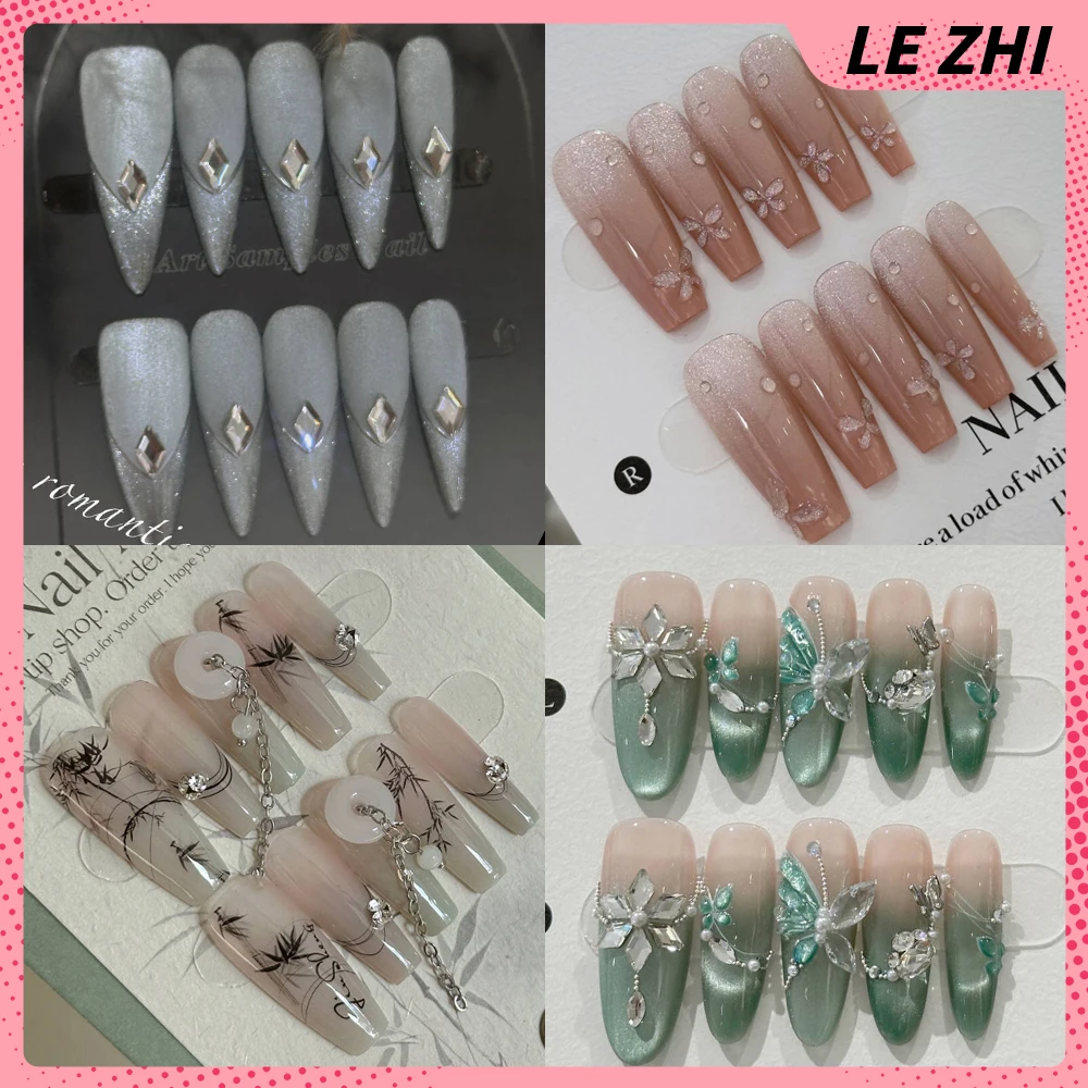 

Beautiful Gentle Long Stiletto Coffin Handmade Glossy Pink Fake Nail Butterfly Diamond Flowers Cat Eyes Pearl Reusable Fake Nail