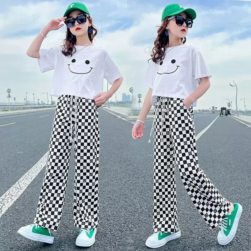 2023 summer Girl Baby Clothes smile shorts T shirt Tops + teenager loose pants 2pcs Outfits 5 7 8 9 6 10 12 13 14 Years