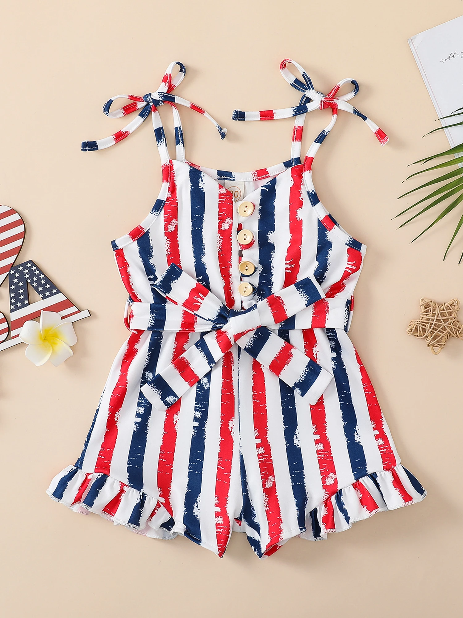 Independence Day Toddler Girl Romper Sleeveless Striped Jumpsuit with Tie Shoulder and Button Down Detail