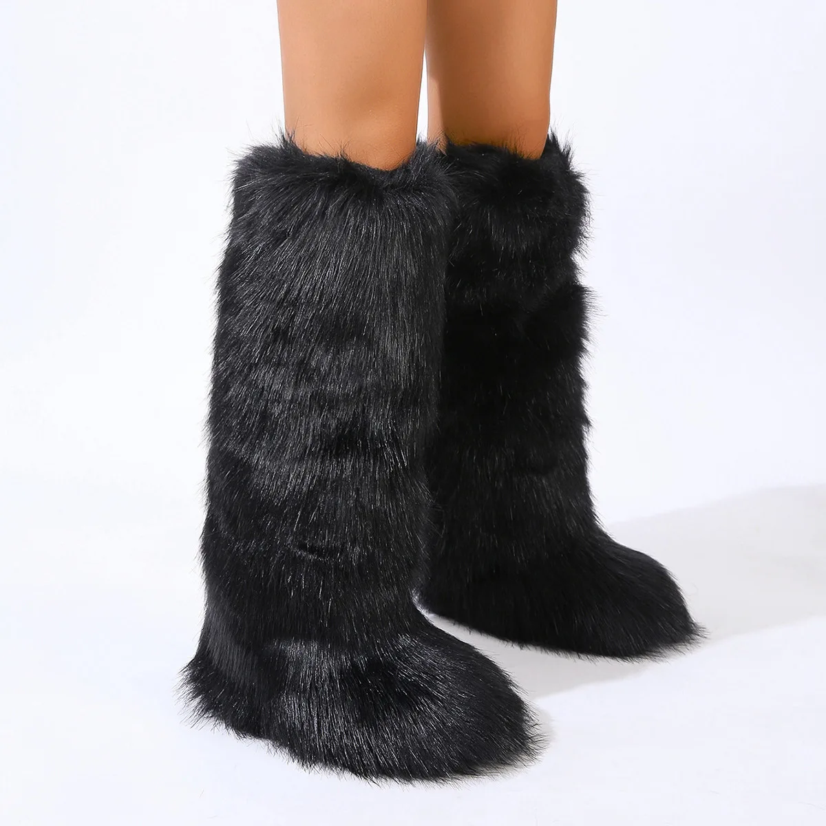 Women Winter Faux Fur Knee High Snow Boots Fluffy Warm Y2K Fashion Furry Long Boots  Thick Soles Big Size Non-slip Fashion Boots