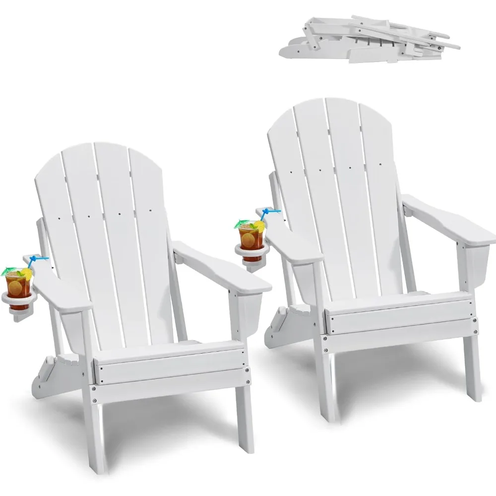 

Pair of Folding Adirondack Chairs with Built-in Cup Holders, Durable Weather-Resistant Plastic, Ideal for Outdoor Patio and Fire