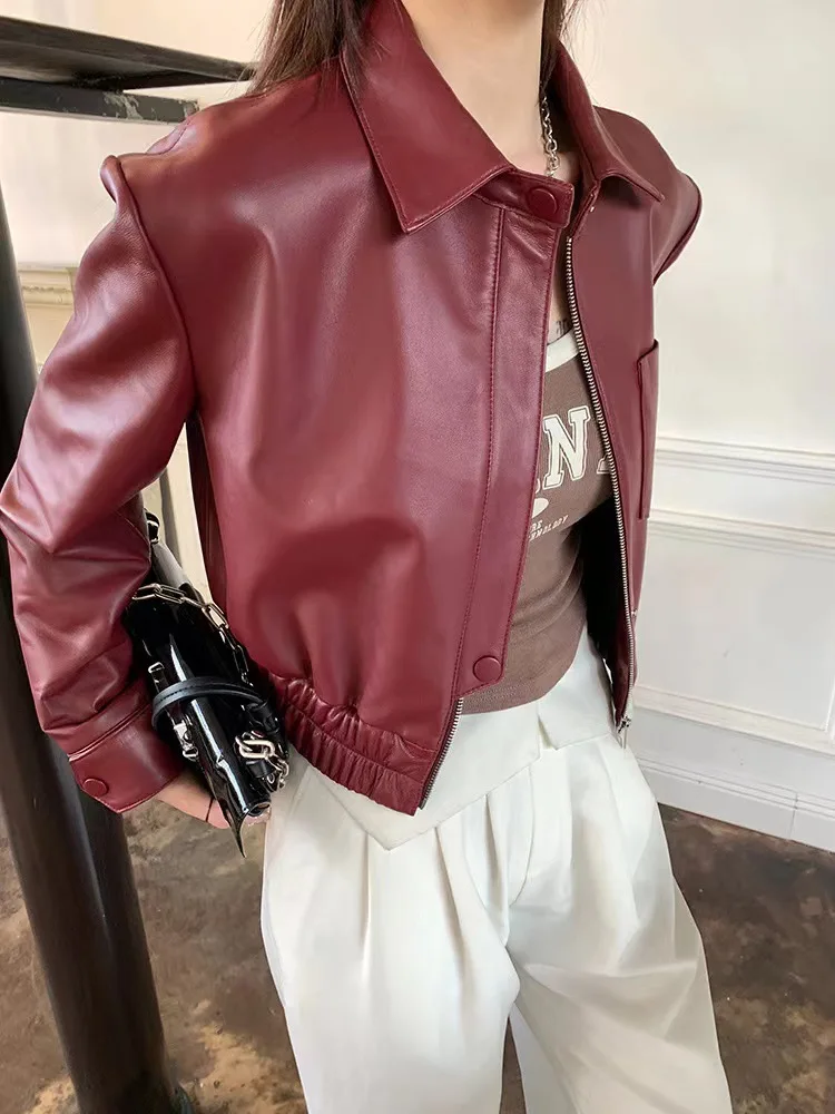 2023 New Real Lambskin Short  Burgundy Cropped Leather Jacket Women