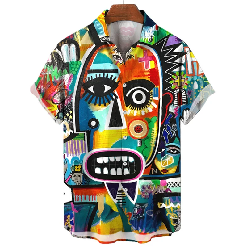 Abstrakte Gesichts grafiken Hawaii hemden Sommer trend Kurzarm Revers 3d bedruckte Hemden Streetwear Mode lässig lose Bluse