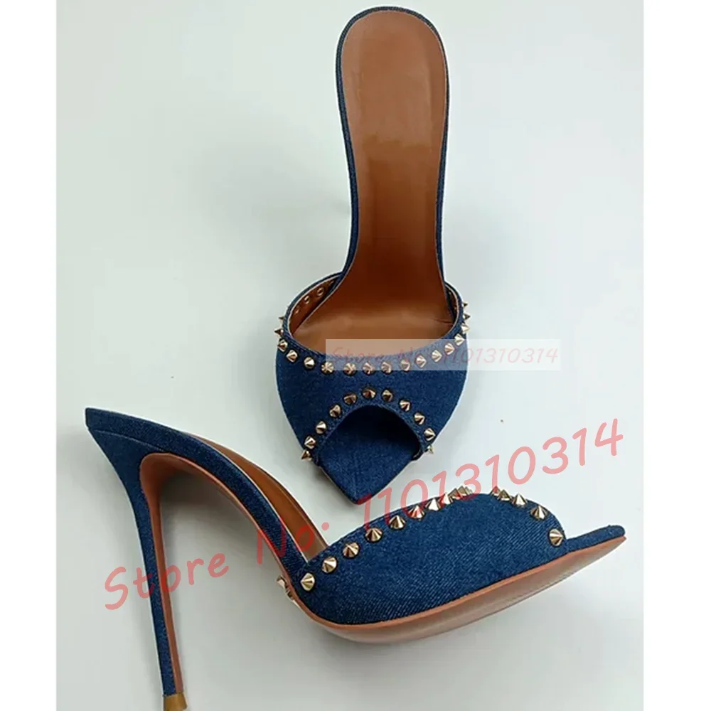 

Denim Peep Toe Rivets Slippers Women Casual Blue Stiletto Heels Metal Trim Shoes 2023 Summer Sexy Ladies Luxury Pointy Shoes