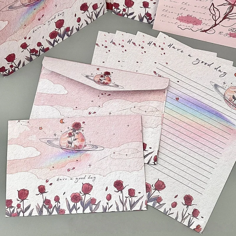 

4pcs Rose Letter Paper+Envelope，ins Romantic Handwritten Letter Paper and Envelope Set for Holiday Gift Birthday Greeting