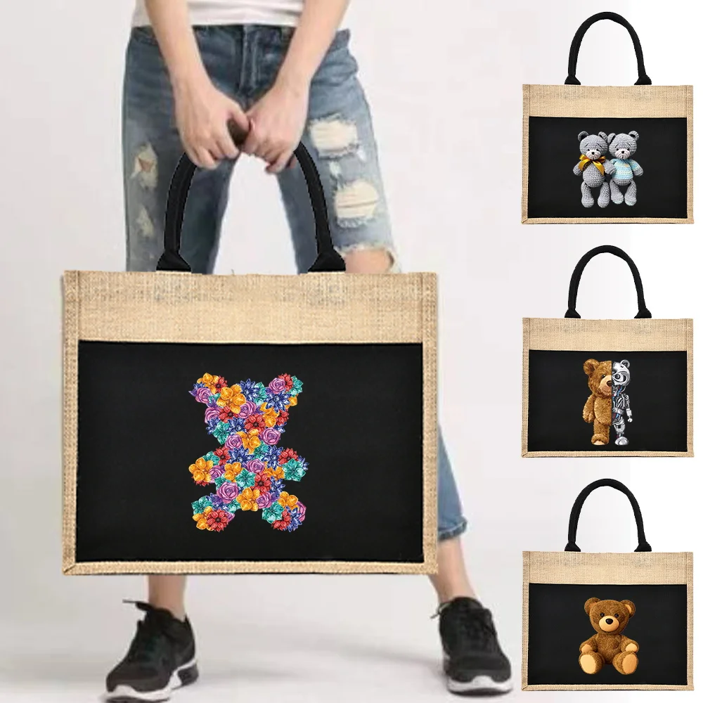 Linen Bags Bear Print Foldable Shopping Bags Avocado Print Hand-painted Cotton Sacks Jute Portable Imitation Sacks Laminated Bag