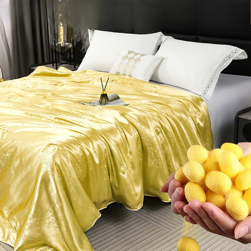 

New Golden Mulberry Silk Quilt Modal Satin Jacquard King Size Double Bed 200*230 Hand Positioned Spring Autumn Winter Quilt Core