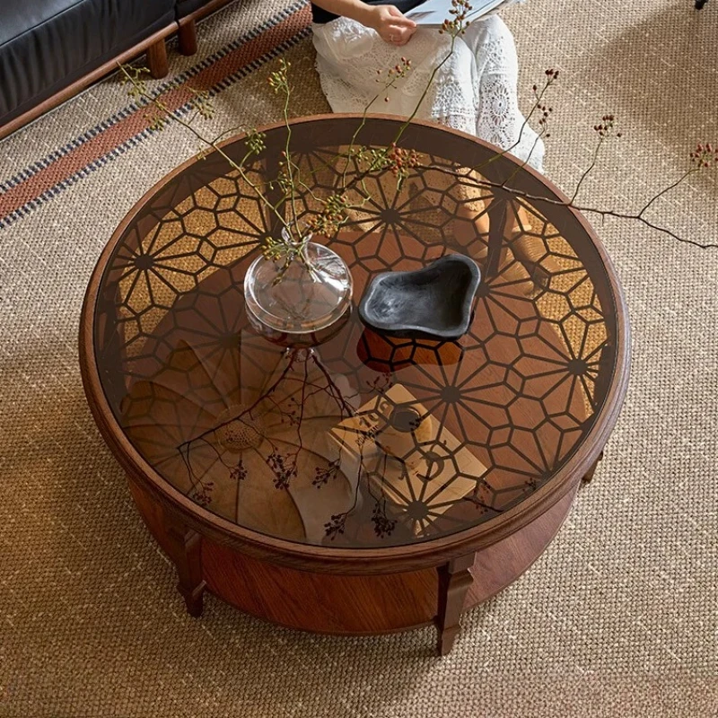 Modern Home Luxury medieval brown solid wood side tables French style glass countertop round coffee table pliante furniture