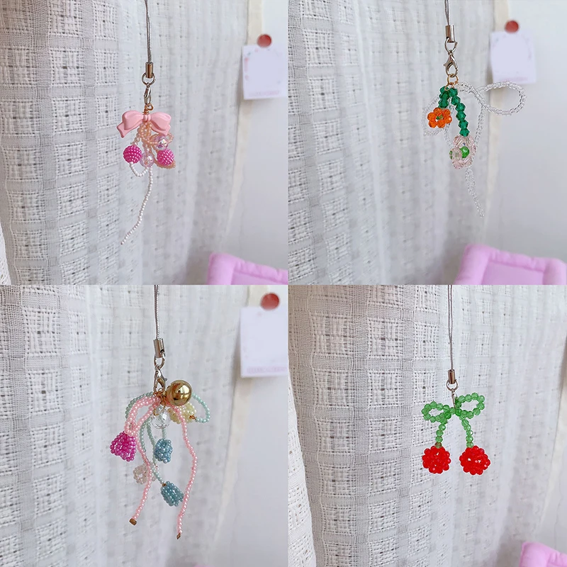 Creative Handmade Colorful Beaded Cherry Bow Flower Phone Chain Charms Sweet Fresh Pendant Keychain Girls Handbag Hangings