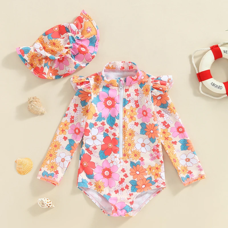 Toddler Girls Summer Romper Swimwear Long Sleeve O Neck Floral Bathing Suit + Hat