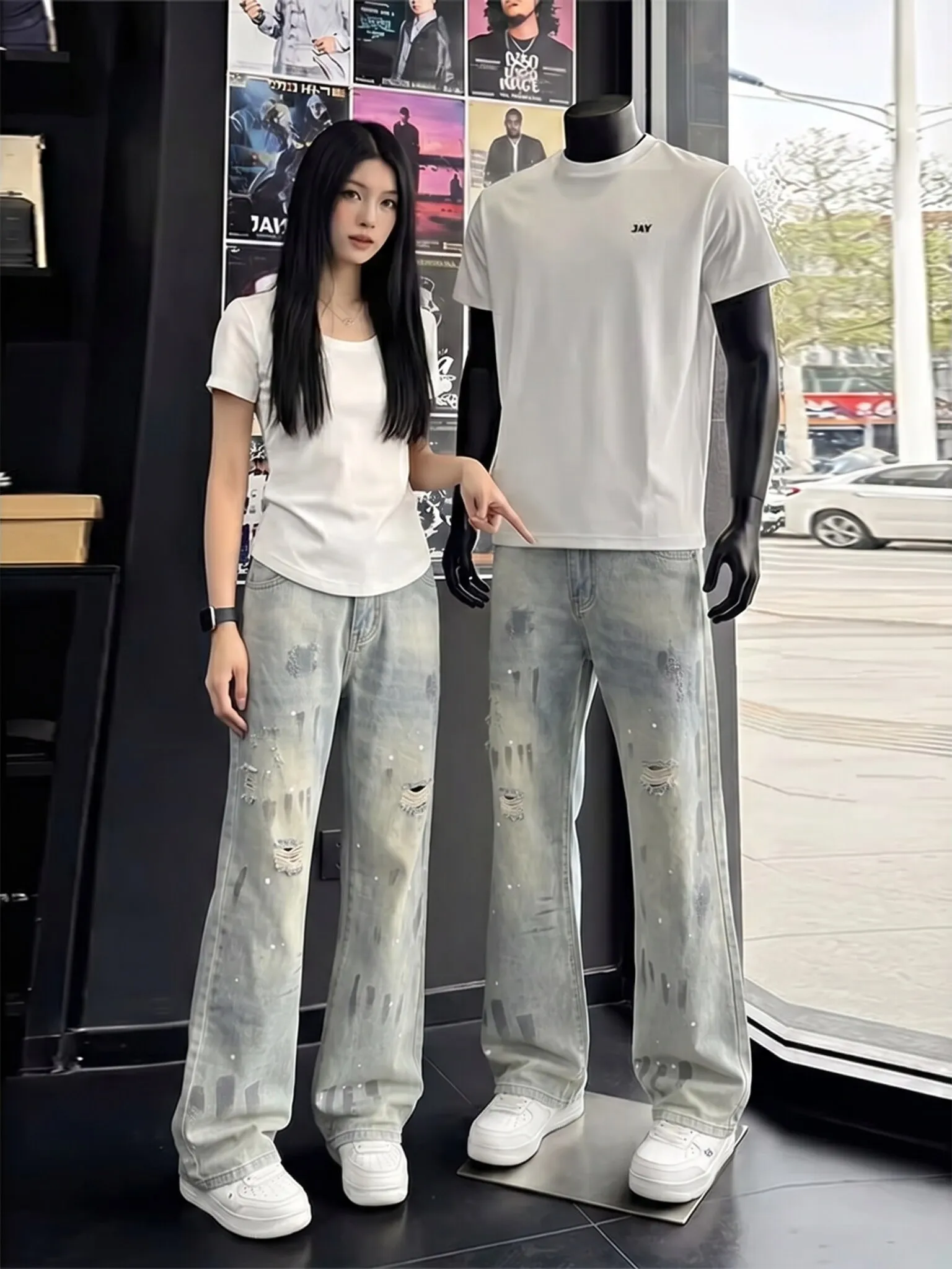 

Blue Paint Splatter Men's Jeans Spring Summer Straight Leg Micro Flare Pants mid Waist Zipper Casual Loose Fit Teenager