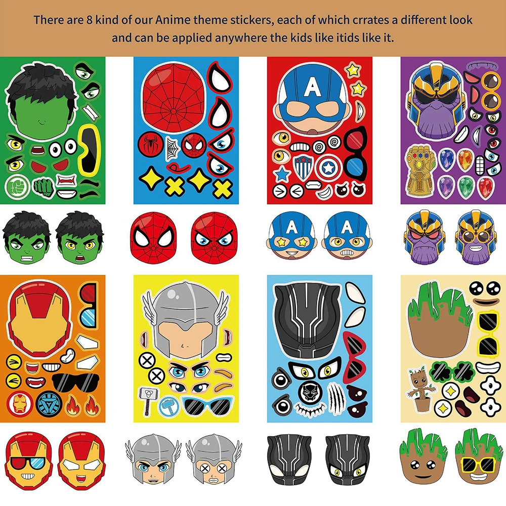 Kawaii Puzzle Stickers DIY Spider-Man Iron Man Hulk Cartoon Anime Luggage Notebook Skateboard Decals Decoration Kids Toys Gifts