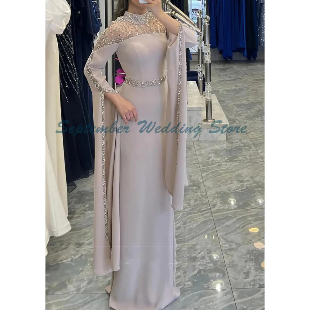 Requintado vestidos de noite feminino alta pescoço mangas compridas sereia cristais até o chão banquete celebridade vestidos femininos clássico