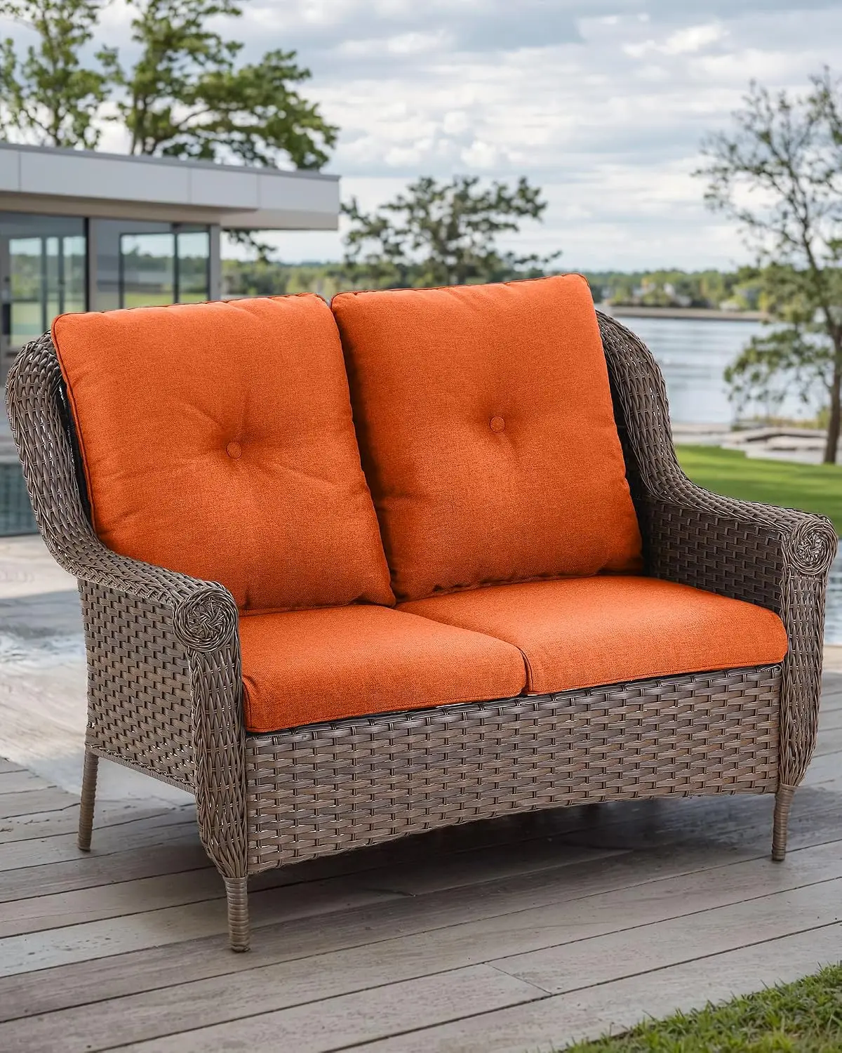 Patio Wicker Loveseat Heavy Duty All-Weather Rattan 2-Person High Back Thick Cushion Garden Porch Poolside Orange, Customized