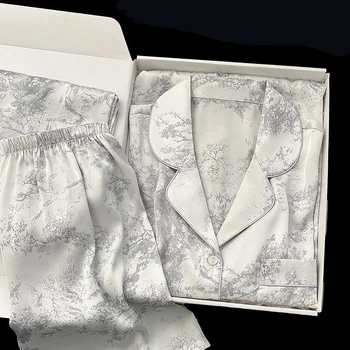 Ensemble pyjama 2 pièces pour femmes, vêtements de salon, imprimé floral gris, manches longues, pantalon, sous-vêtements décontractés pour la maison, printemps et été