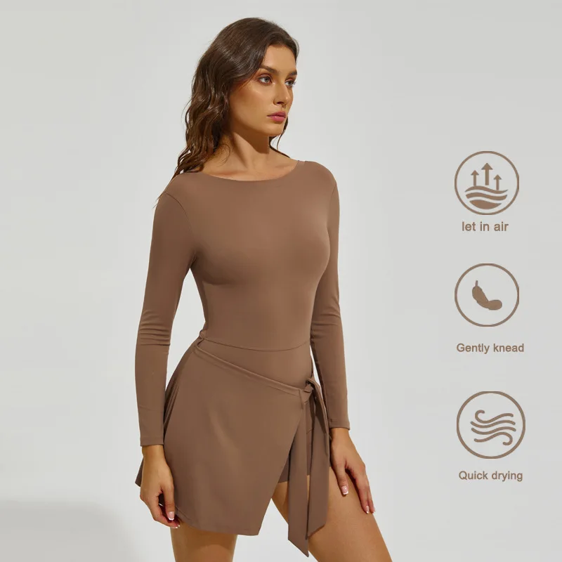 Women Long Sleeve Tennis Skirt Set with Built-in Shorts Anti See-Through Sports Outfit Long Length Athletic Top Badminton Wears