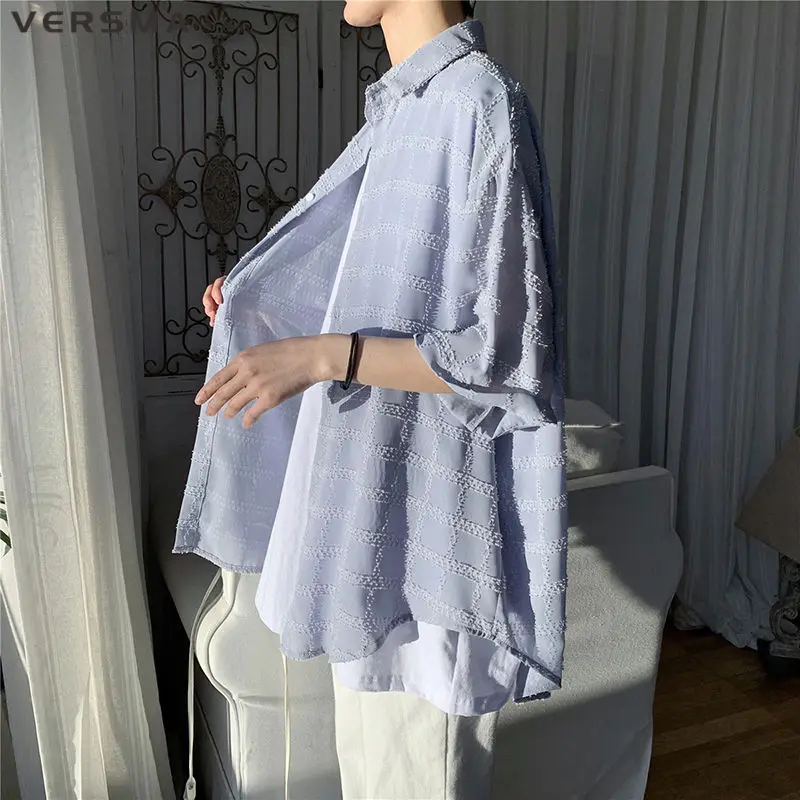 

VERSMA Japanese Harajuku Chic Checkered Plaid Shirt Men Women Oversized Retro White See Through Blouse Male Shirts Dropshipping